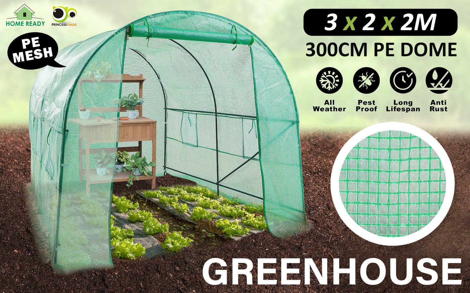Dome Tunnel Hoop Polytunnel 3x2x2M Greenhouse Walk-In Shed PE